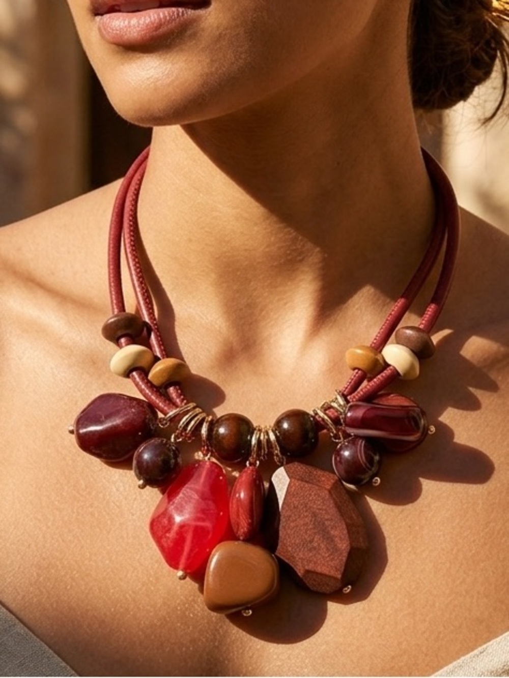 ✨ Bohemian Earth-Tone Statement Necklace – Premium Resin,  Natural Wood
